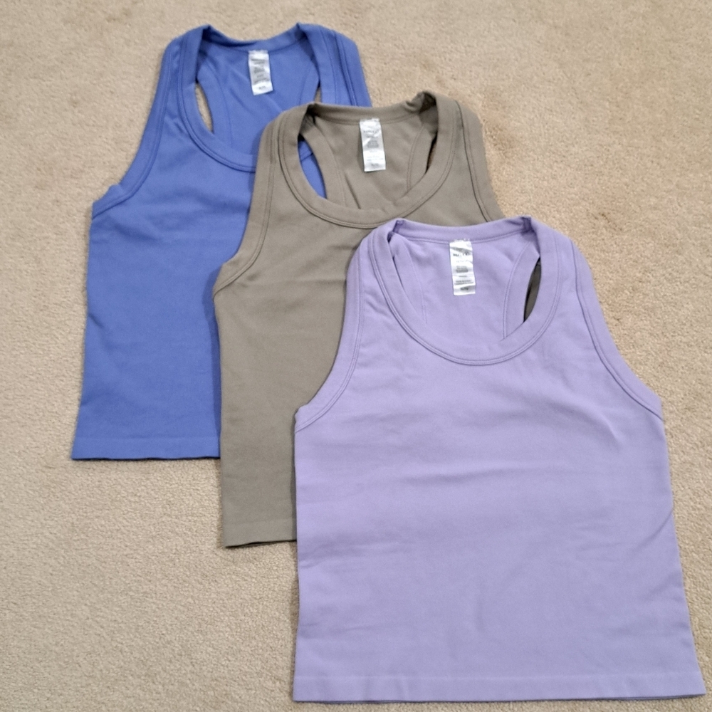 Reflex Set Of 3 Tanks Racer Back Ribbed Seamless Blue Brown Purple Size XL